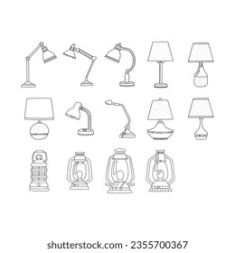 Doodle lamp set. Vector set of home lamps, lantern, and table lamps in doodle style with a black line on a white background for a label design