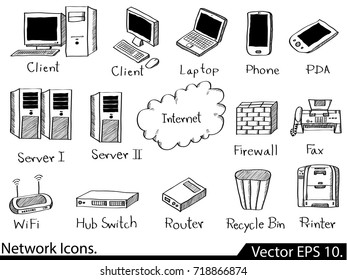 Doodle LAN Network Icons Vector Illustrator Sketched, EPS 10.