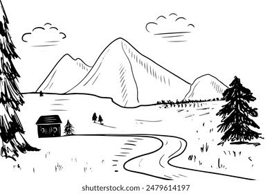 Doodle with landsape with mountains, trees, road. Adventure tourism and travel sketch.