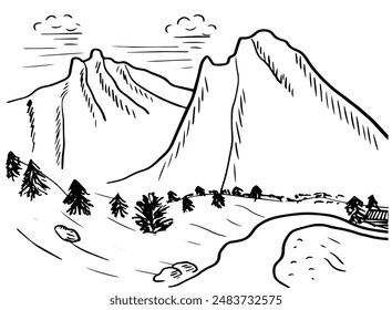 Doodle with landsape with mountains, trees, road. Adventure tourism and travel sketch.