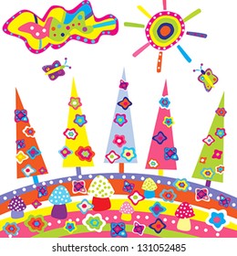 Doodle landscape with colored cartoon elements