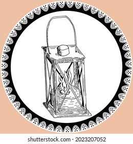 Doodle lantern, kerosene lamp in vintage style with lace. Silhouette of lamp hand drawn by pencil in black and white colors