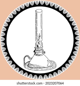 Doodle lantern, kerosene lamp in vintage style with lace. Silhouette of lamp hand drawn by pencil in black and white colors