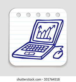 Doodle Laptop icon with chart. Blue pen hand drawn infographic symbol on a notepaper piece. Line art style graphic design element. Web button with shadow. Technology, computer, web application concept
