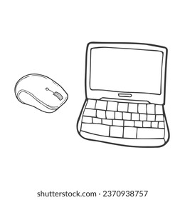 Doodle laptop and mouse sketch in vector