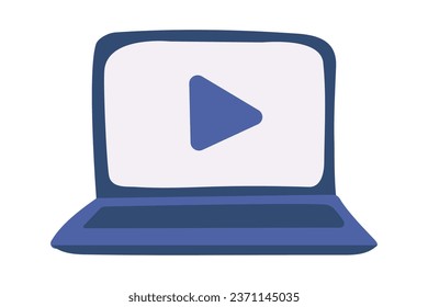 Doodle Laptop with play button on video. Technology with keyboard and screen. Watching a movie. Isolated object. Color image - blue shades. Vector illustration.