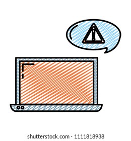 doodle laptop technology and caution sign inside chat bubble
