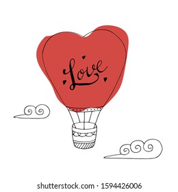 Doodle large red heart balloon with the inscription love for Valentine's Day
