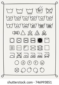 Doodle laundry symbols. Hand drawn scribble washing icons. Clothing and fabric maintenance instructions. Graphic design elements - tumble dry, hand and machine wash, dry cleaning, Vector illustration.