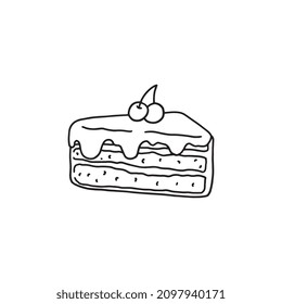 Doodle layered cake with cream and cherry, vector illustration isolated on white background. Hand drawn outline sweet dessert for cafe or bakery design.