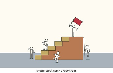 Doodle leader climbing vector sketch business success illustration. Team people with leadership cartoon teamwork achievement progress with red flag.