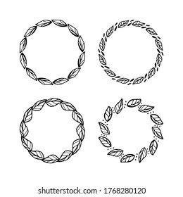 Doodle Leaf Circle Frames Set. Elemente für Design-Etiketten, Abzeichen, Verpackung, Einladung, Karte und mehr. Einfarbiges Flachfarbdesign.