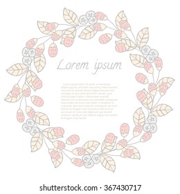 Doodle Leaf and Flowers round frame. Vector illustration of hand drawn wreath for invitation cards, save the date, wedding card design.