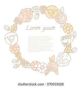 Doodle Leaf and Flowers round frame. Vector illustration of hand drawn wreath for invitation cards, save the date, wedding card design.