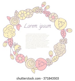 Doodle Leaf and Flowers round frame. Vector illustration of hand drawn wreath for invitation cards, save the date, wedding card design.