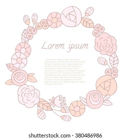 Doodle Leaf and Flowers round frame. Vector illustration of hand drawn wreath for invitation cards, save the date, wedding card design.