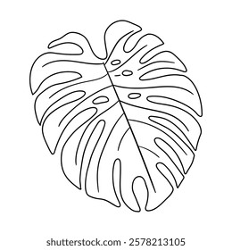 Doodle leaf of Monstera plant tropical coloring pages for kids. Trace and color monstera leaf of tropical plant. Monstera leaf line art illustration. Summer worksheets for kids activity printable.