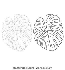 Doodle leaf of Monstera plant tropical coloring pages for kids. Trace and color monstera leaf of tropical plant. Monstera leaf line art illustration. Summer worksheets for kids activity printable.