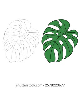 Doodle leaf of Monstera plant tropical coloring pages for kids. Trace and color monstera leaf of tropical plant. Monstera leaf line art illustration. Summer worksheets for kids activity printable.