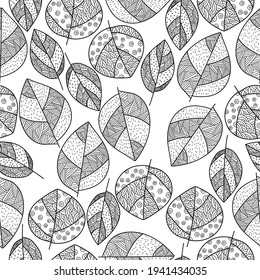 Doodle leaf seamless pattern with ornate curls and lines, contour fantasy leaves on a white background vector illustration