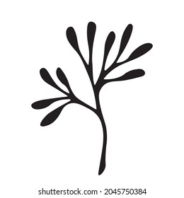 Doodle leaflet. A branch of a plant with leaves, black and white. The decor of postcards. An element for printing wrapping paper, textiles, postcards, invitations. Blot line vector.
