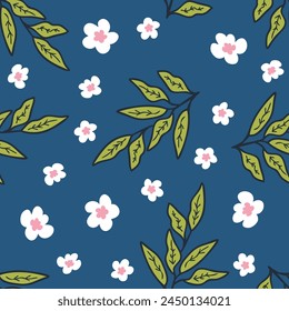 Doodle Blätter Zweig mit fallenden Sakura Blüten nahtlose Muster. Perfekter Druck für T-Shirt, Papier, Textil und Stoff. Handgezeichnete Vektorillustration.


