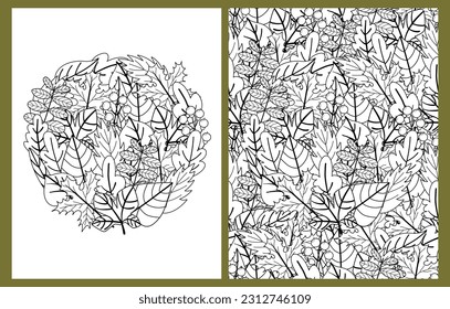 Doodle leaves coloring pages set in US Letter format. Black and white nature background templates for coloring book. Vector illustration