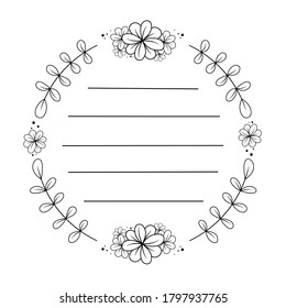 Doodle leaves and flowers in circle frame. Black line in for message like notepaper. Silhouette use to cricut, cut file.Vector illustration about stationery.