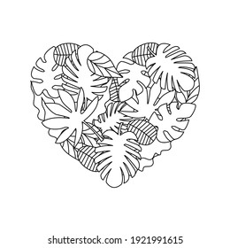 Hojas de garabato en el fondo de la forma del corazón. Diseño de patrones de Zentangle para la página del libro de coloreado.