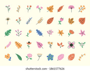 doodle leaves icon set over white background, half line half color style, vector illustration