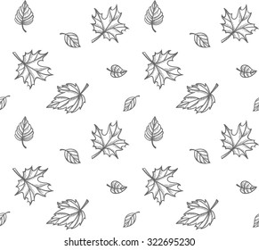 Doodle leaves isolated on white background. Autumn leaves seamless pattern black and white. Line art texture. 