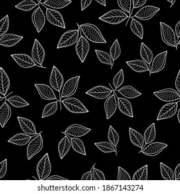 Doodle leaves on branches with striped and wavy elements on black background. Seamless floral pattern. Suitable for wallpaper, textile.