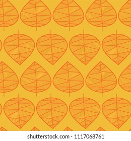 Doodle leaves pattern. Orange leaves on a yellow background. Seamless vector pattern. Perfect for fabric, all kinds of paper projects, and stationery.