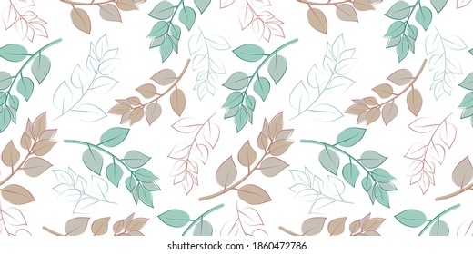 Doodle Leaves seamless pattern modern minimalist. Vector hand drawn illustration elegant beautiful nature ornament for gift wrap, paper, cover, fabric, wall art, interior decor, scrapbook  paper.