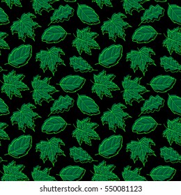 Doodle leaves seamless pattern, vector hand-drawn green leaf wallpaper, nature botanic abstract background, EPS 8