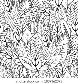 Hojas de garabato sin fisuras. Página de coloración de las plantas caprichosas. Impresión floral en blanco y negro para el libro de colorear. Antecedentes del esquema de la naturaleza. Ilustración del vector