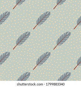 Doodle leaves silhouettes seamless pattern. Stylized leafs on background with dots. Simple backdrop in soft blue tones. Perfect for wallpaper, textile, wrapping, fabric print. Vector illustration.