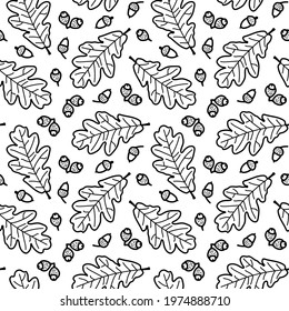Doodle leaves vector pattern. Cute seamless print for textile, paper. Nature ornament with doodle oak leaves, acorns. Black and white print for scrapbooking, wrapping. Leaf hand drawn seamless pattern