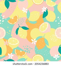 Doodle lemon and abstract elements. Vector seamless pattern. Hand drawn illustrations.