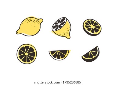 Doodle lemon. Hand drawn stylish fruit and vegetable. Vector artistic drawing fresh organic food. Summer illustration vegan ingrediens for smoothies