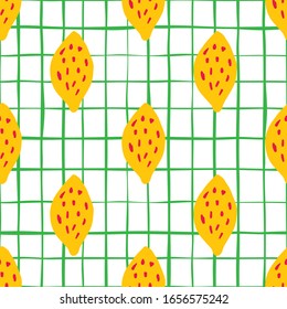 Doodle lemon seamless pattern. Hand drawn citrus fruits wallpaper. Summer background. Modern design for fabric, textile print, wrapping paper, kitchen textiles. Vector illustration