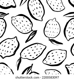 Doodle lemon seamless pattern. Hand drawn black linear lemons. Decorative background with citrus fruits hand-drawn with a brush. Summer textile design. Doodle simple fruits with dots and leaves. 