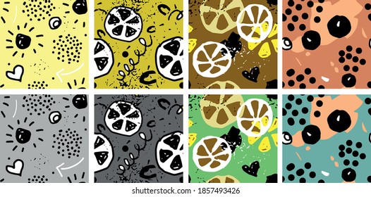 Doodle lemon seamless pattern set. Cute hand drawn repeating pattern with lemons, dots, circles and lines. Perfect design for wrapping paper, textiles, wallpaper, website background. Vector drawing.