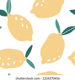 Doodle lemon vector seamless pattern. Cute colorful background texture for kitchen wallpaper, textile, fabric, paper. Flat fruits on white. Vegan, farm, natural food illustration