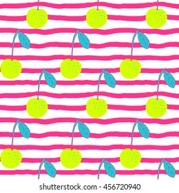 Doodle lemons on stripy background. Seamless pattern.