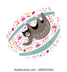 Doodle Lemur Lori hanging on branches with flowers isolated on white background. Vector illustration. Good for t shirts, textiles, baby nursery, print, poster, banner.