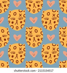 Doodle leopard faces childish cartoon groovy boho seamless pattern vector drawing 
