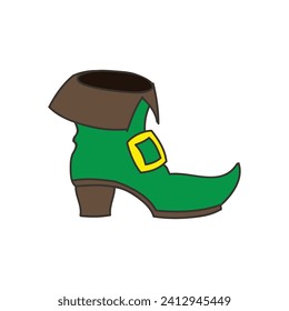 Doodle leprechaun shoe icon. Illustrations of a green retro boot with gold a buckle isolated on a white background. St. Patrick's day concept. Vector 10 EPS.