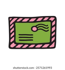 Doodle letter envelope icon hand drawn with black line, freehand style and color