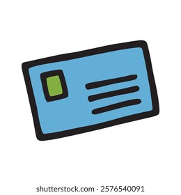 Doodle letter envelope icon hand drawn with black line, freehand style and color